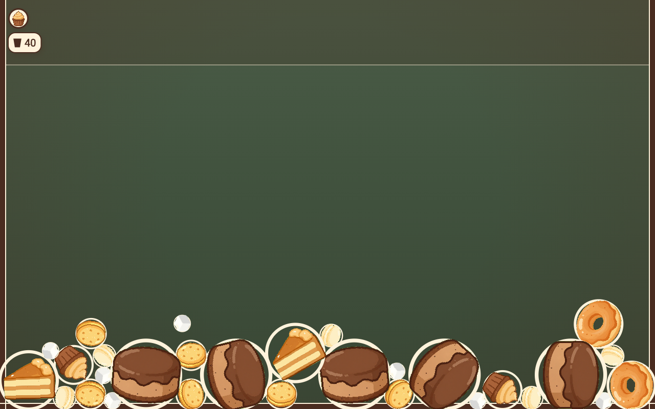 카페 카운터 위에 케이크와 도넛, 쿠키가 쌓여 있는 Cafe Merge 화면